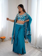Blue Indo Western Crepe Silk Dhoti Set with Silk Blouse Sequined Shrug Lehenga for women | Snyvia