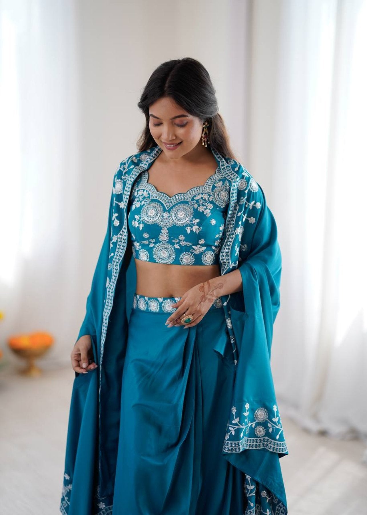 Indo Western Crepe Silk Dhoti Set with Silk Blouse Sequined Shrug Lehenga front view