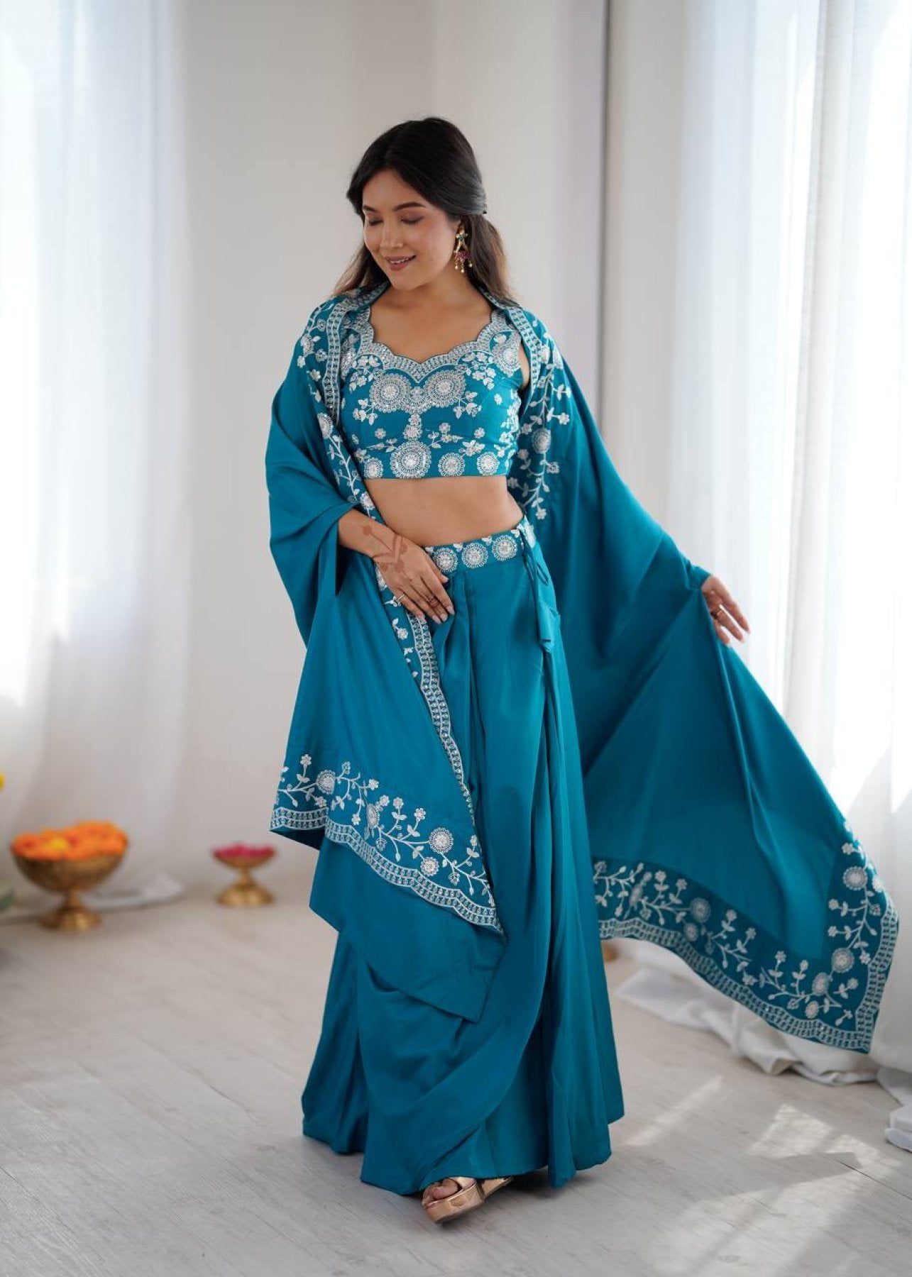 Indo Western Crepe Silk Dhoti Set with Silk Blouse Sequined Shrug Lehenga full drape view