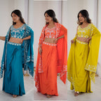 Indo Western Crepe Silk Dhoti Set with Silk Blouse Sequined Shrug Lehenga detailed view