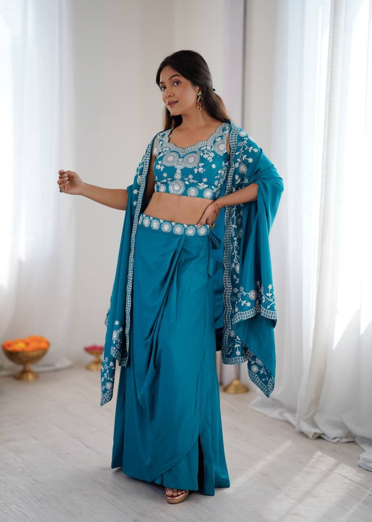 Orange Indo Western Crepe Silk Dhoti Set with Silk Blouse Sequined Shrug Lehenga full drape view