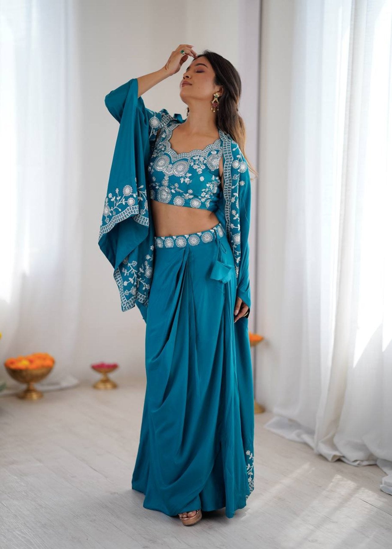 Yellow Indo Western Crepe Silk Dhoti Set with Silk Blouse Sequined Shrug Lehenga detailed view