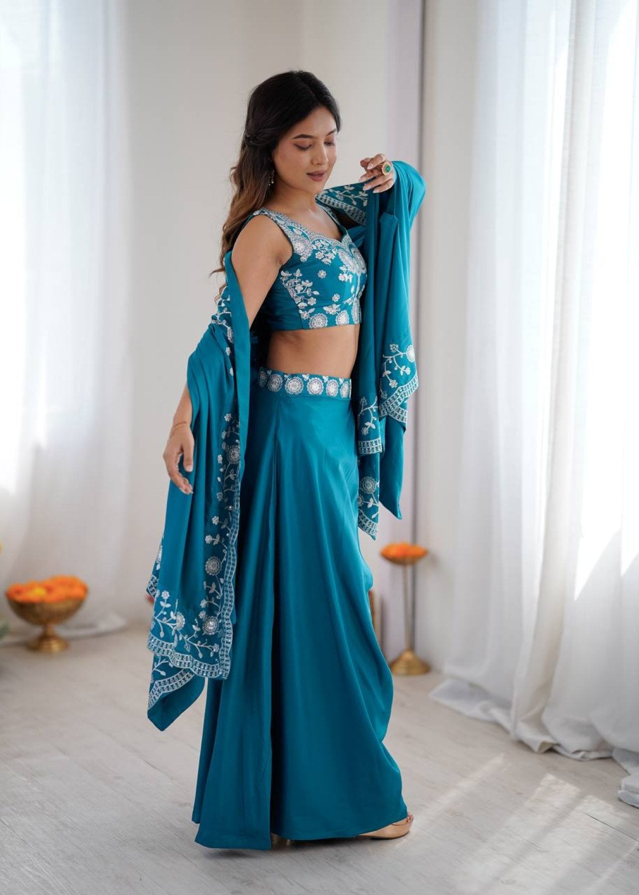 Indo Western Crepe Silk Dhoti Set with Silk Blouse Sequined Shrug Lehenga embroidery close-up