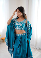 Indo Western Crepe Silk Dhoti Set with Silk Blouse Sequined Shrug Lehenga fabric texture detail
