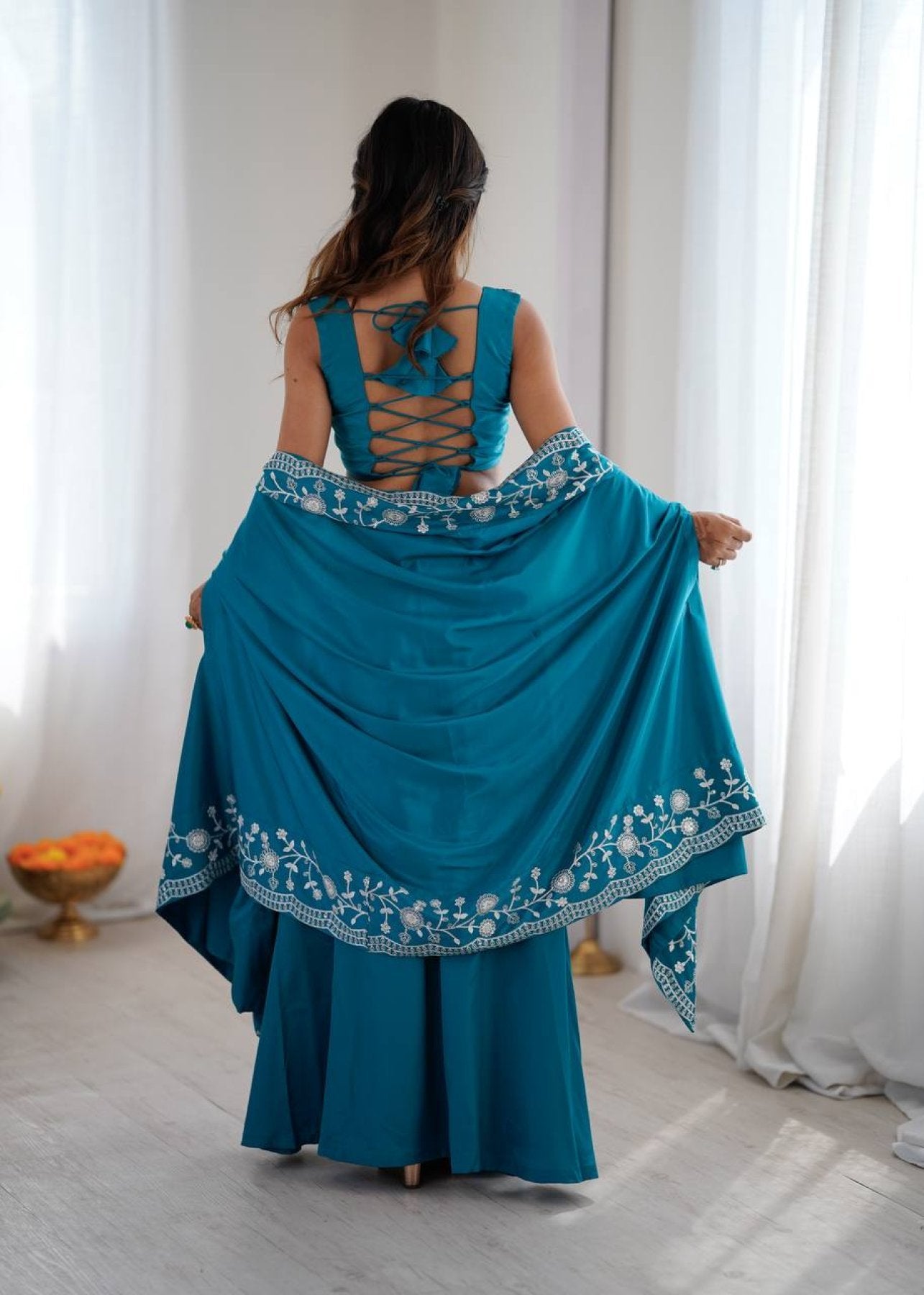 Indo Western Crepe Silk Dhoti Set with Silk Blouse Sequined Shrug Lehenga back view