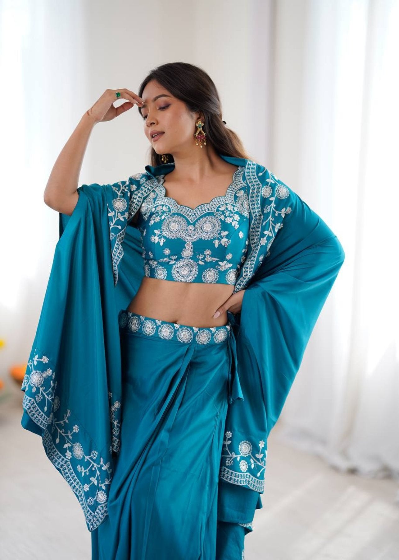 Indo Western Crepe Silk Dhoti Set with Silk Blouse Sequined Shrug Lehenga styling view