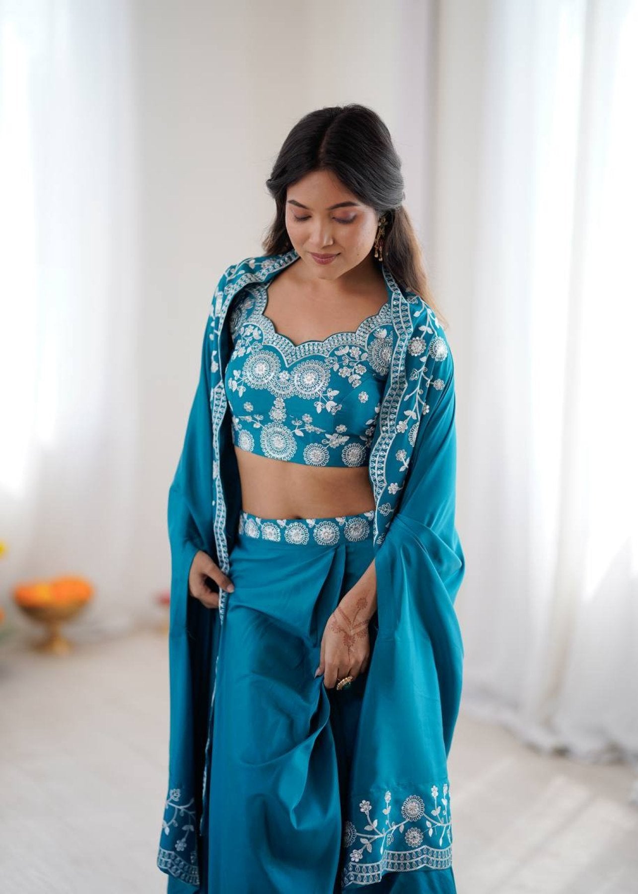 Indo Western Crepe Silk Dhoti Set with Silk Blouse Sequined Shrug Lehenga colour variant view