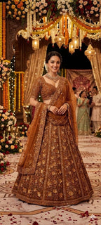Brown Butterfly Net Lehenga Choli with Heavy Glass Sequins Work full drape view