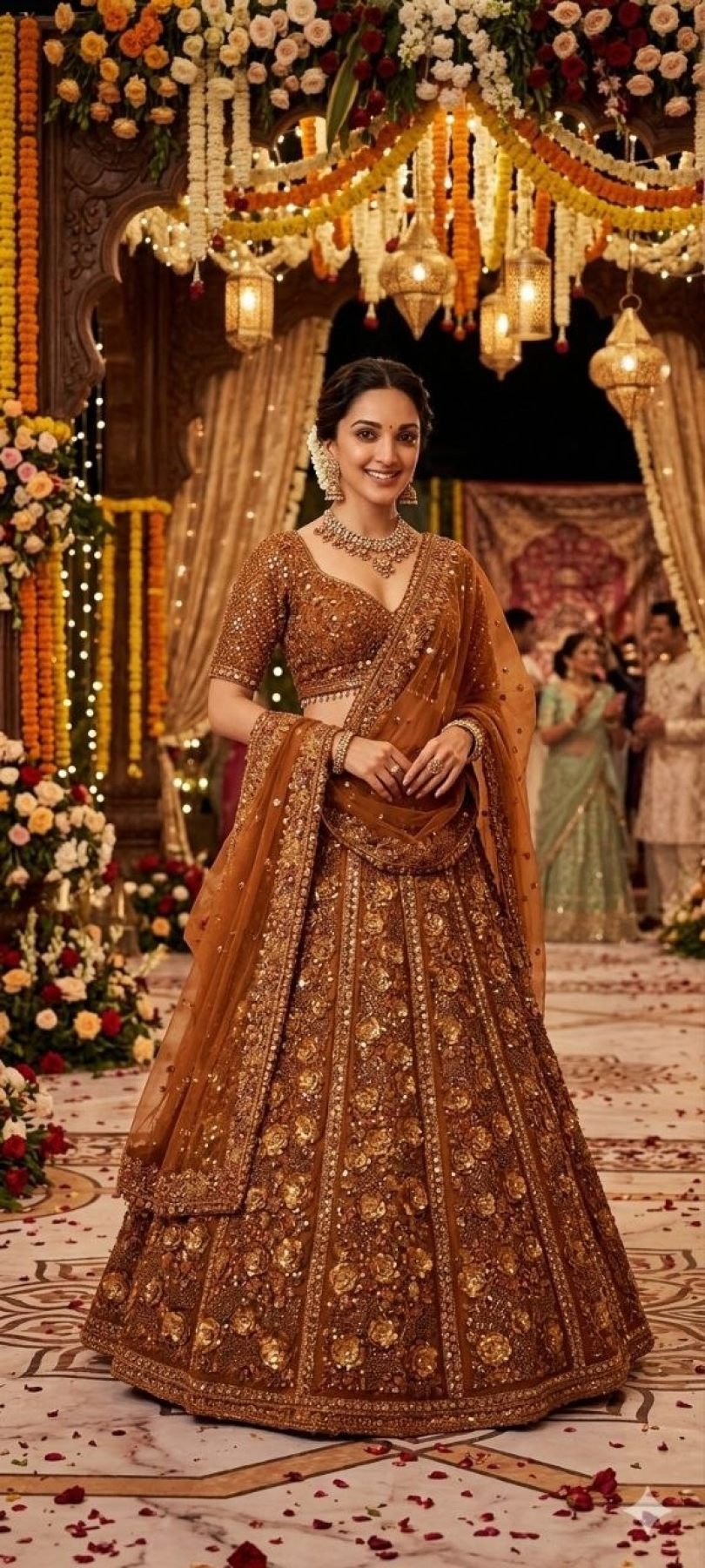 Brown Butterfly Net Lehenga Choli with Heavy Glass Sequins Work full drape view