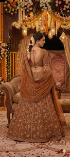 Brown Butterfly Net Lehenga Choli with Heavy Glass Sequins Work blouse and dupatta detail