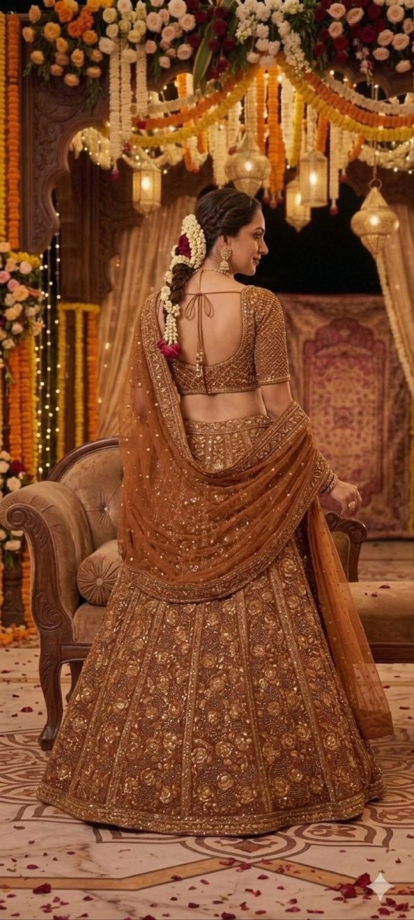 Brown Butterfly Net Lehenga Choli with Heavy Glass Sequins Work blouse and dupatta detail