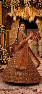 Brown Butterfly Net Lehenga Choli with Heavy Glass Sequins Work fabric texture detail