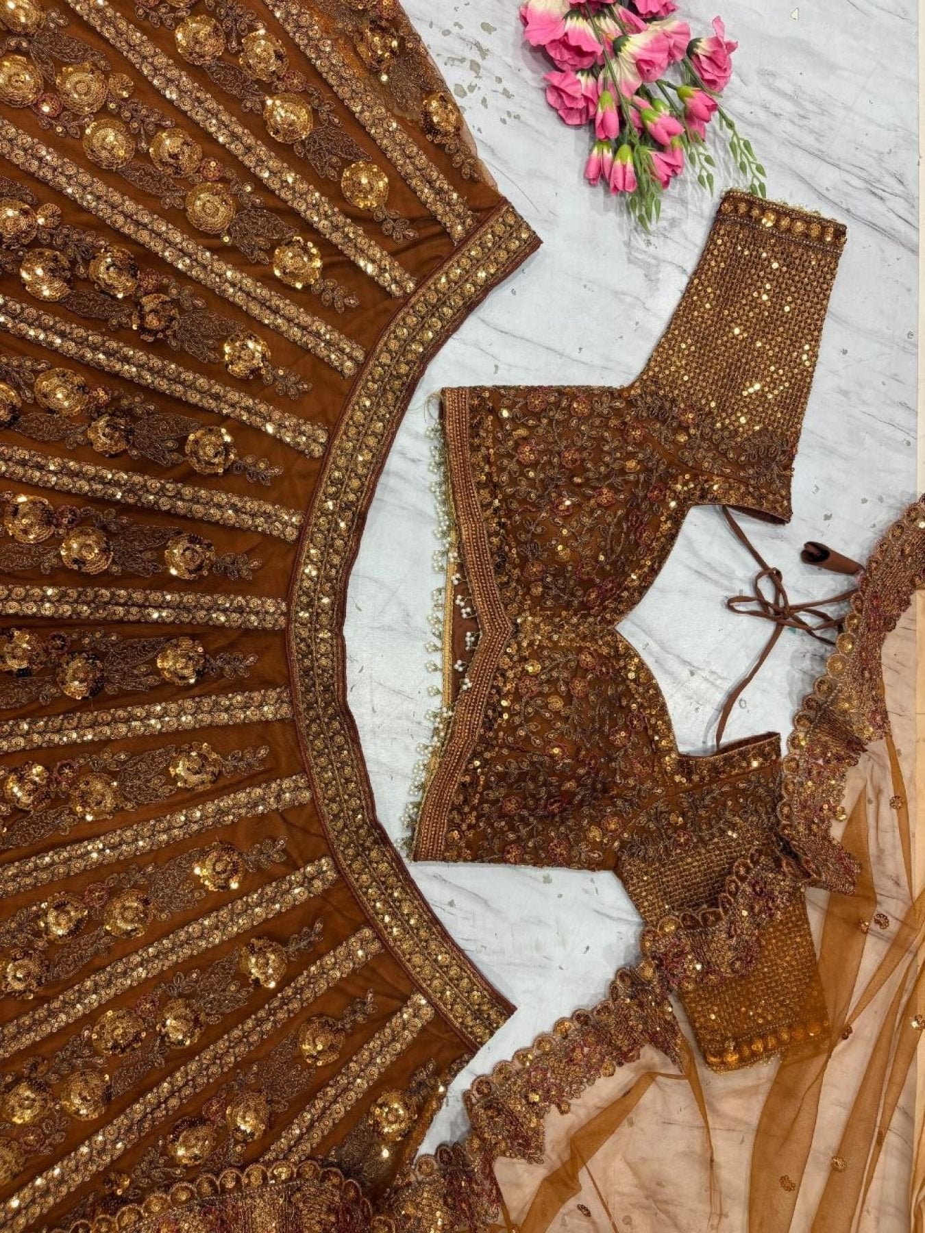 Brown Butterfly Net Lehenga Choli with Heavy Glass Sequins Work back view