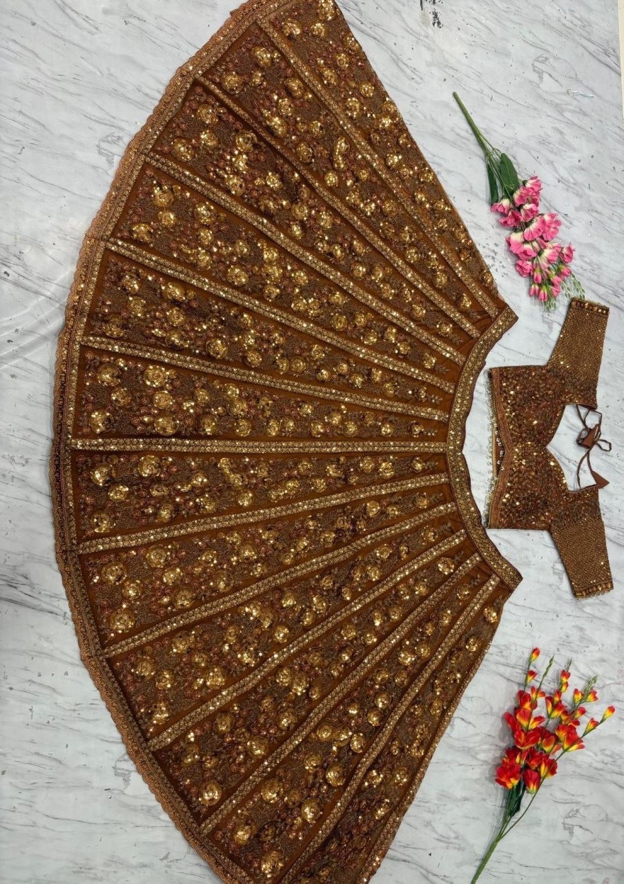 Brown Butterfly Net Lehenga Choli with Heavy Glass Sequins Work styling view