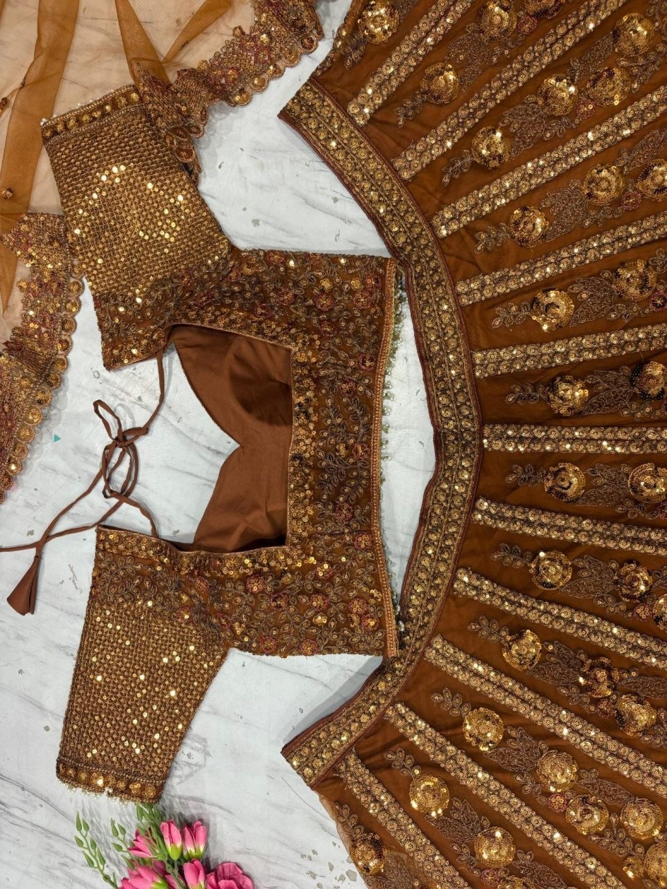 Brown Butterfly Net Lehenga Choli with Heavy Glass Sequins Work colour variant view