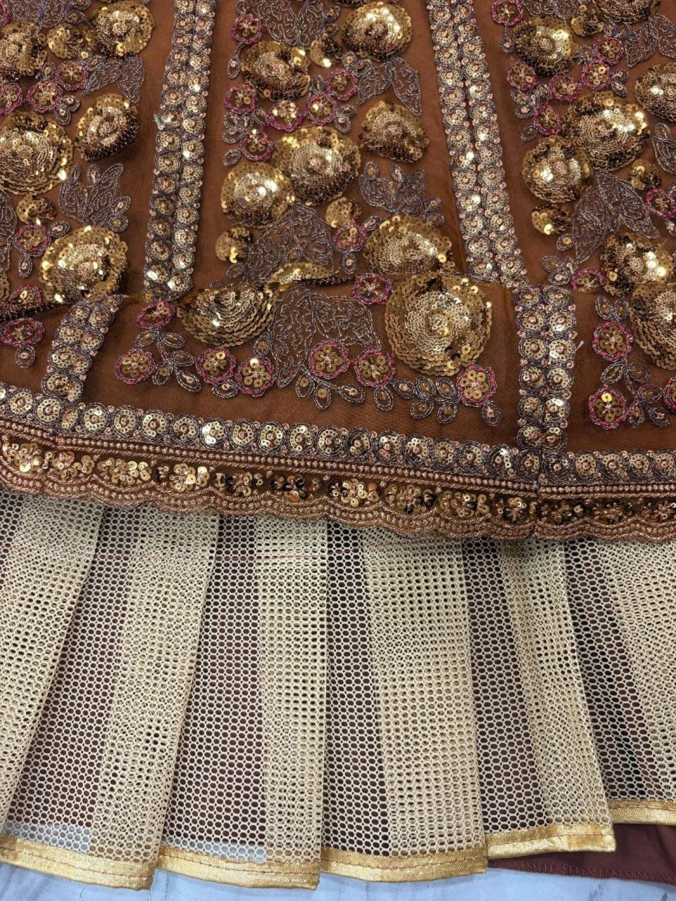 Brown Butterfly Net Lehenga Choli with Heavy Glass Sequins Work front view
