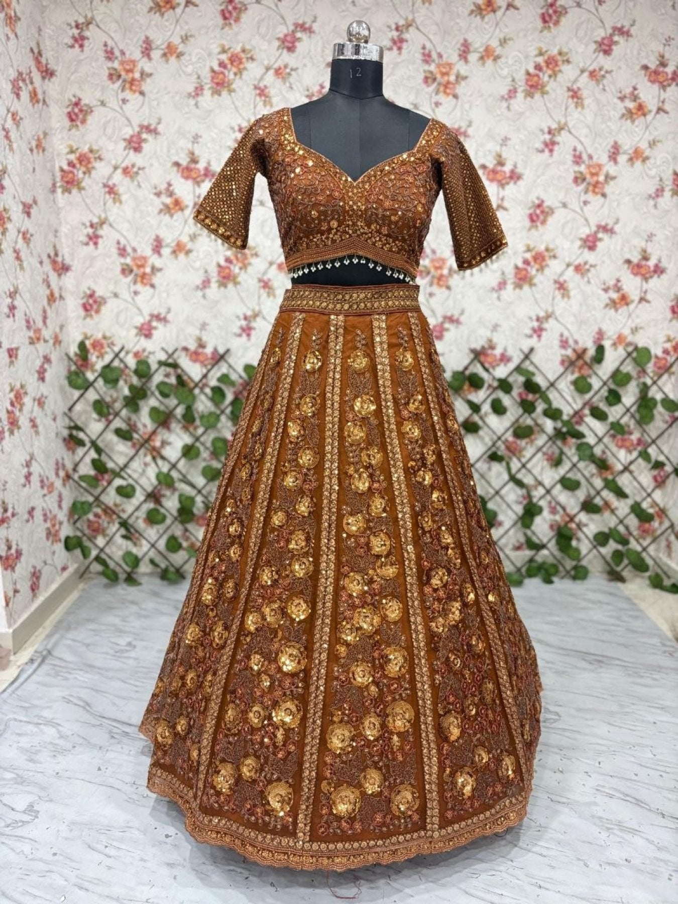 Brown Butterfly Net Lehenga Choli with Heavy Glass Sequins Work full drape view