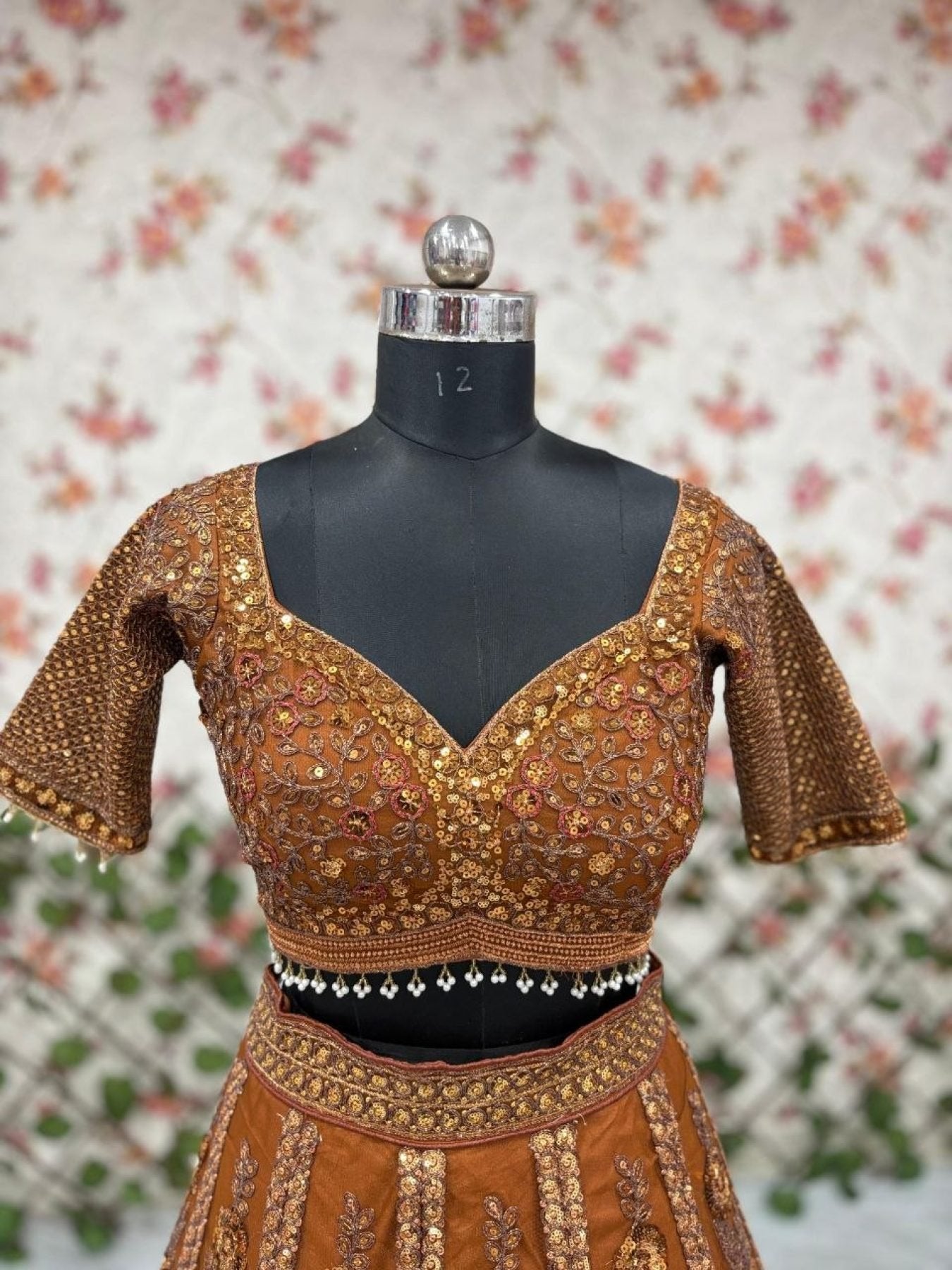 Brown Butterfly Net Lehenga Choli with Heavy Glass Sequins Work embroidery close-up
