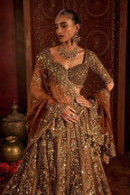Brown Butterfly Net Lehenga Choli with Heavy Glass Sequins Work blouse and dupatta detail