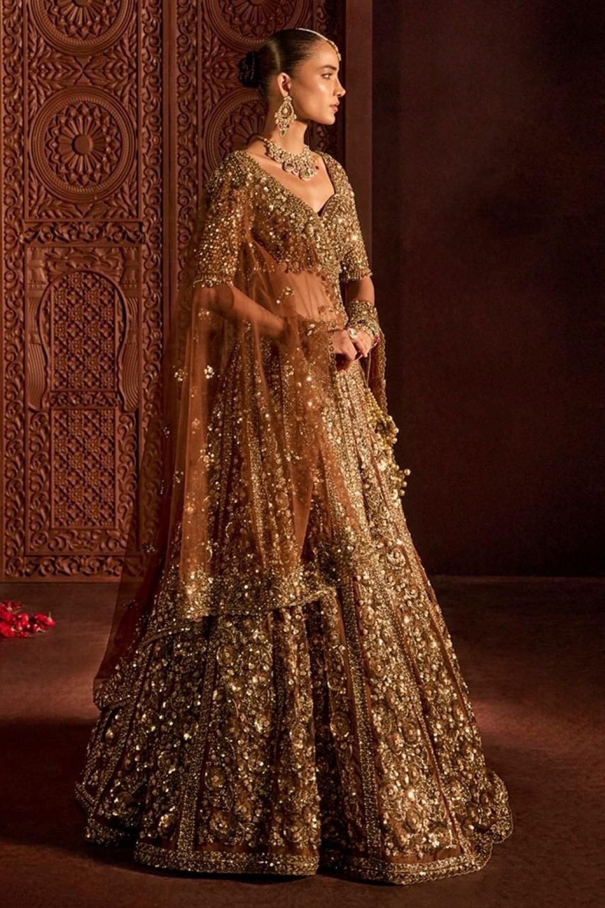 Brown Butterfly Net Lehenga Choli with Heavy Glass Sequins Work embroidery close-up