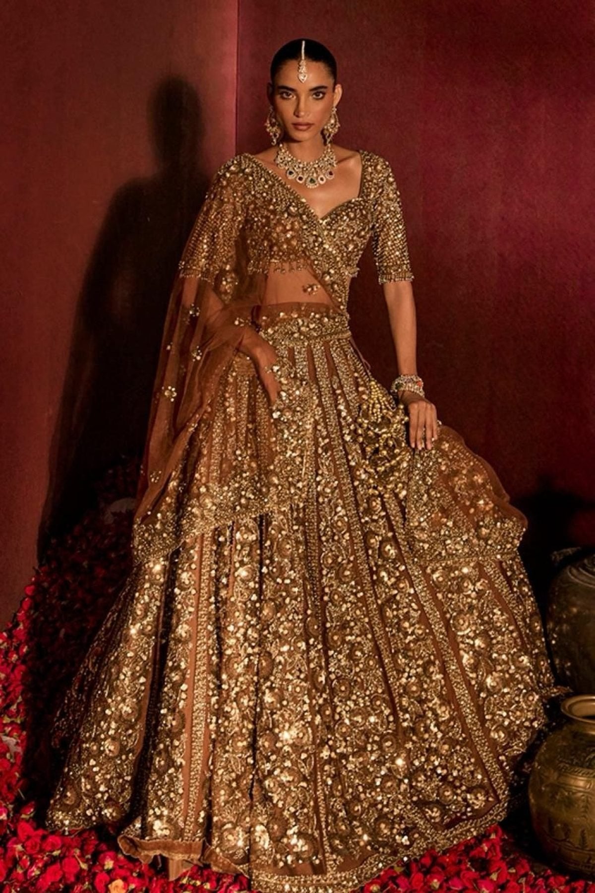 Brown Butterfly Net Lehenga Choli with Heavy Glass Sequins Work styling view