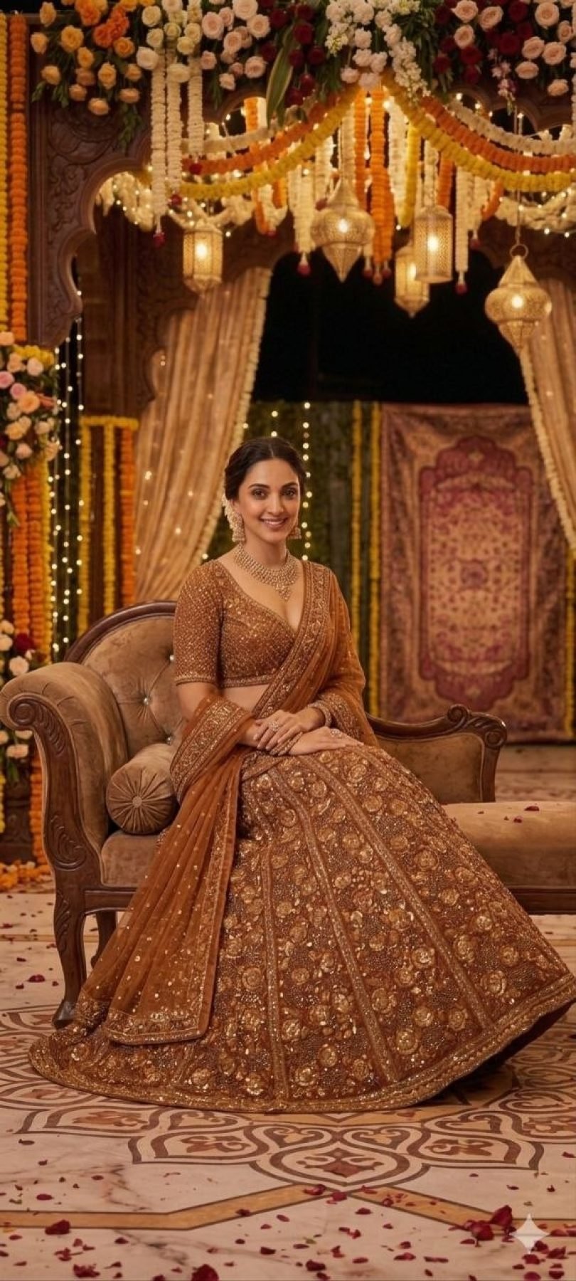 Brown Butterfly Net Lehenga Choli with Heavy Glass Sequins Work front view