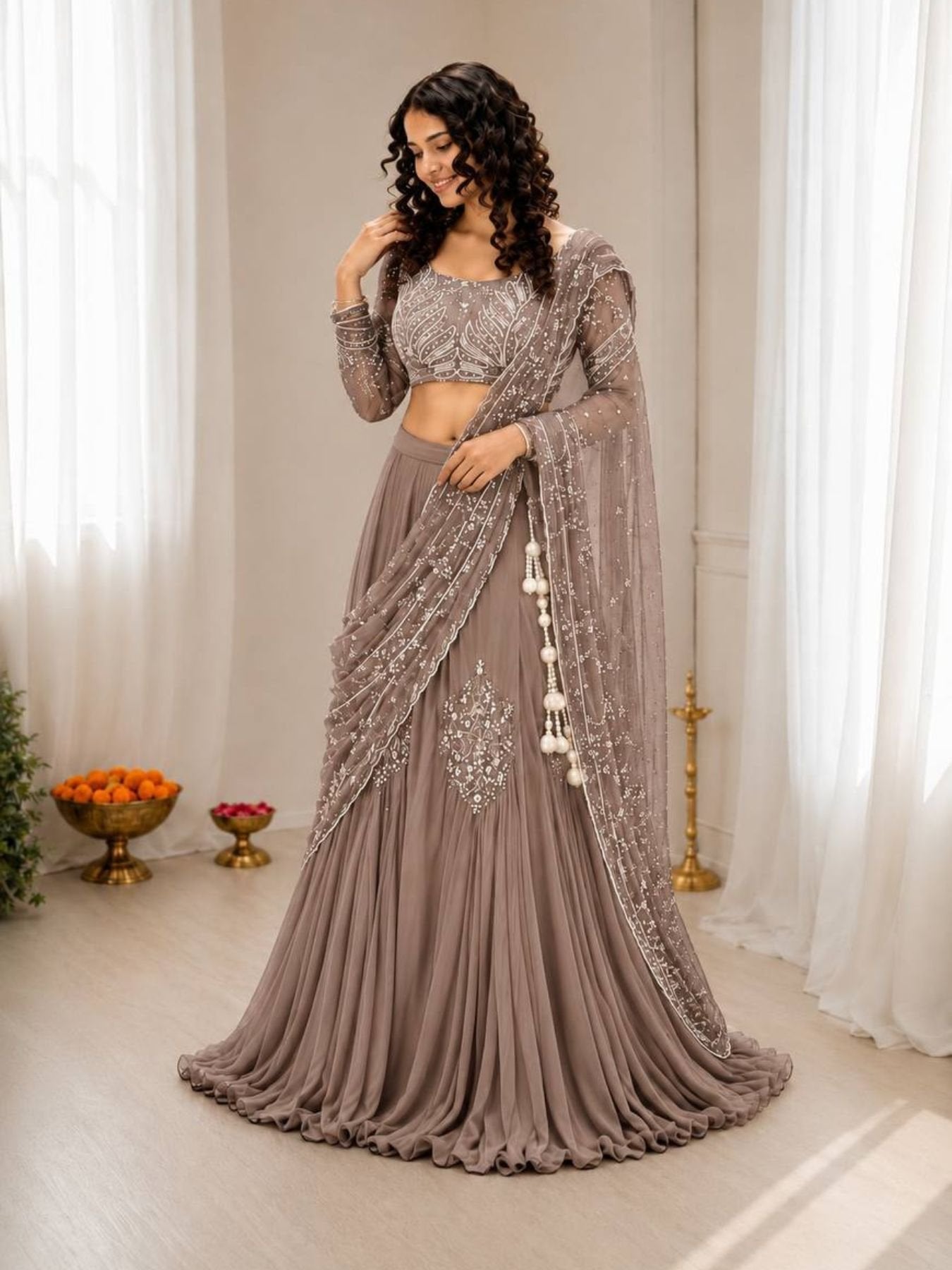 Brown Chinon Lehenga for women - full front view | Snyvia