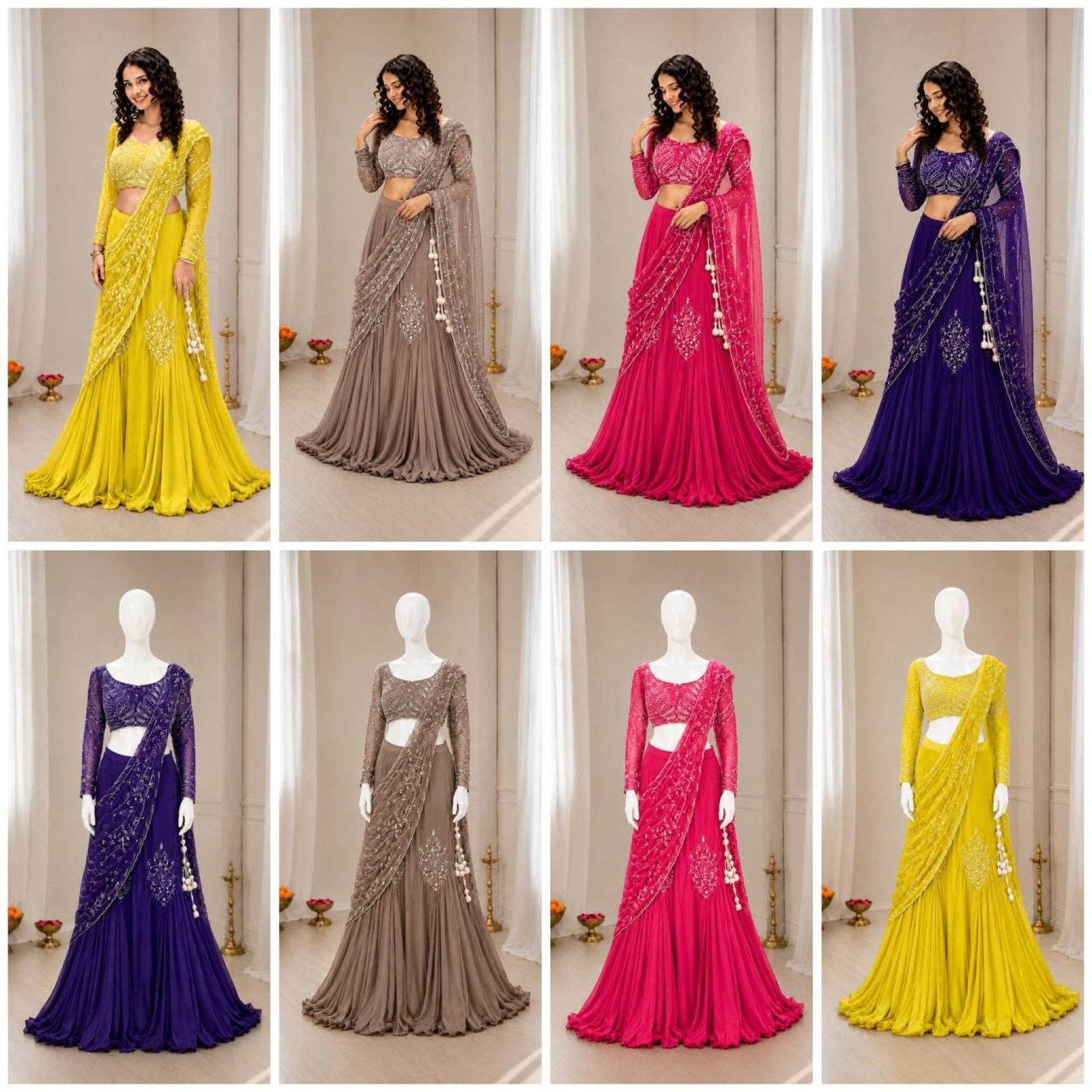 Yellow Chinon Silk Lehenga Style Saree with Attached Pallu for Party Wear full drape view