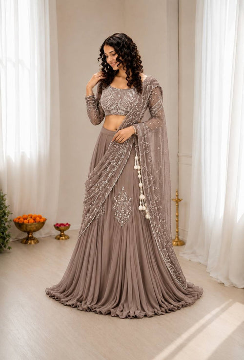 Brown Chinon Lehenga - side drape view