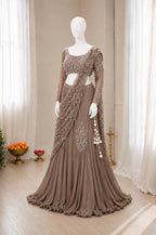 Chinon Silk Lehenga Style Saree with Attached Pallu for Party Wear embroidery close-up