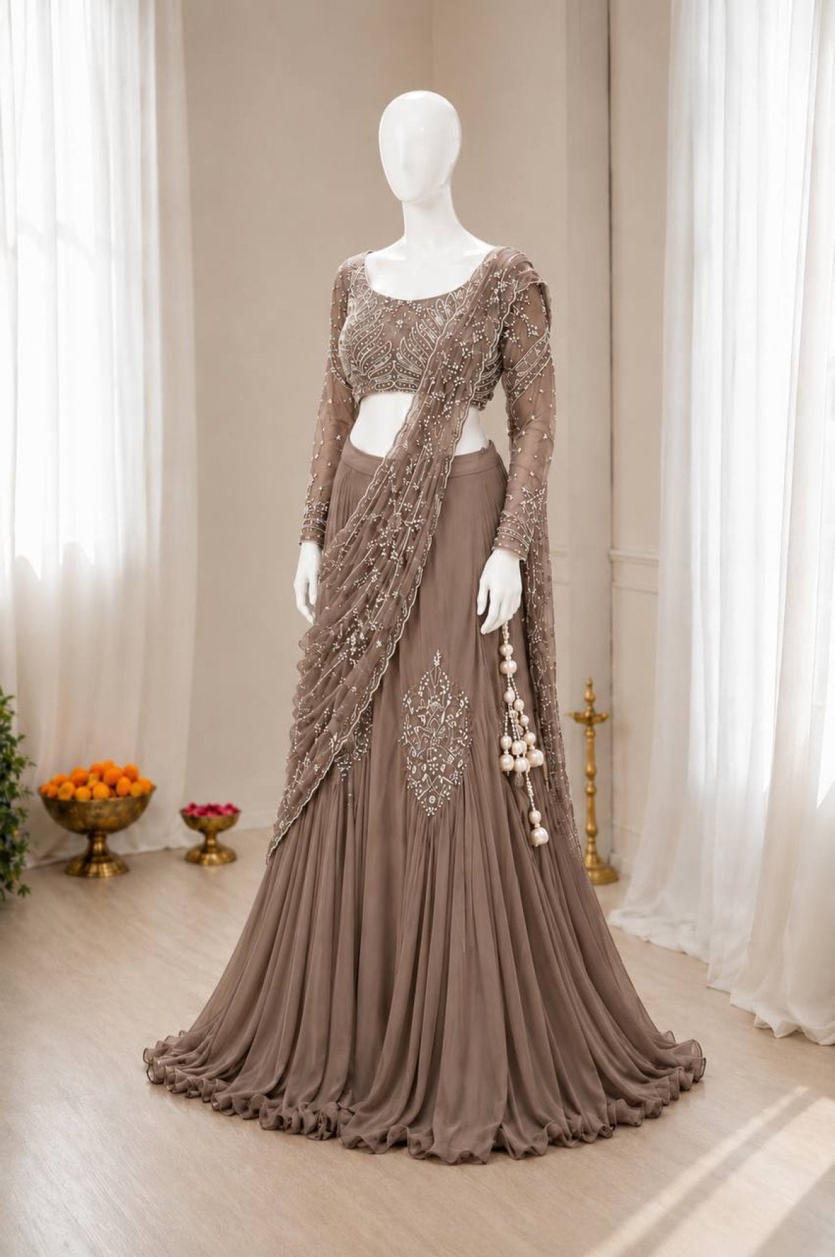 Chinon Silk Lehenga Style Saree with Attached Pallu for Party Wear embroidery close-up