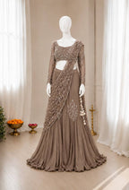 Chinon Silk Lehenga Style Saree with Attached Pallu for Party Wear fabric texture detail