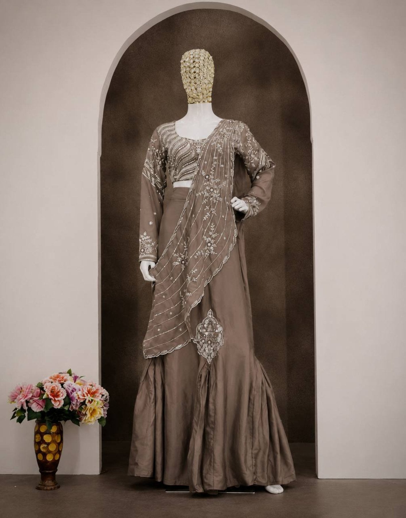 Brown Chinon Lehenga - embroidery work detail