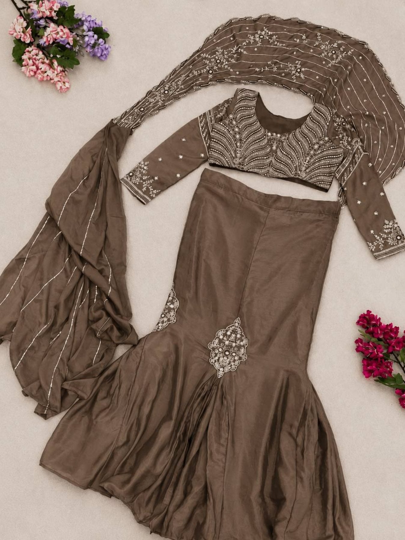 Brown Chinon Lehenga - pallu design detail