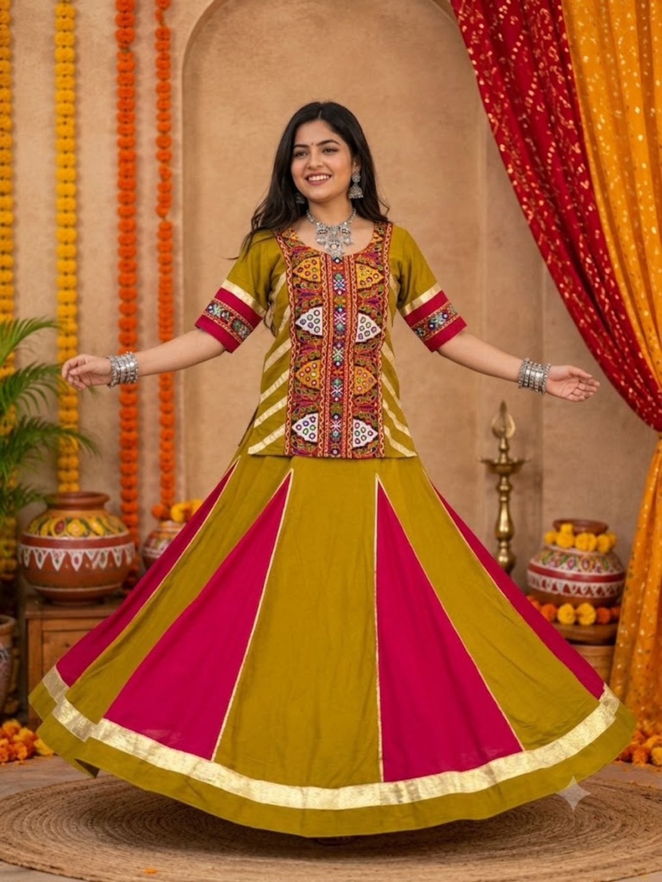 Pure Cotton Navratri Kediyu Lehenga Set with 6 Meter Flair for Garba Nights blouse and dupatta detail