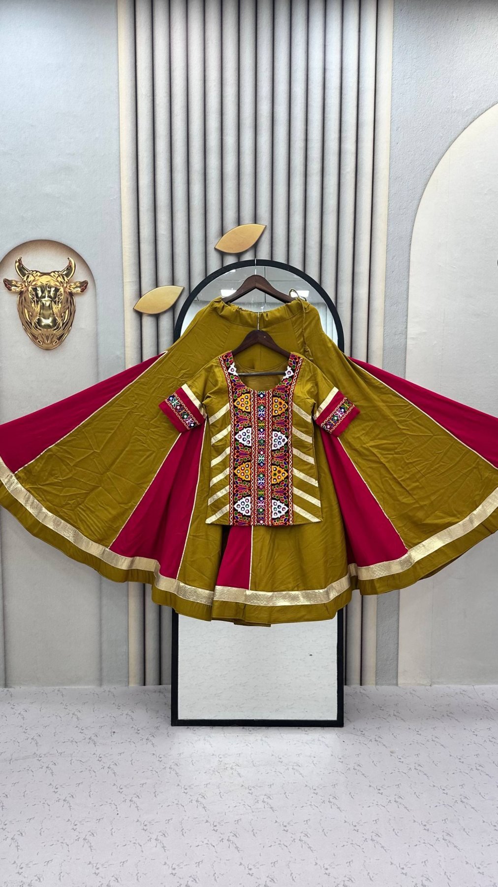 Pure Cotton Navratri Kediyu Lehenga Set with 6 Meter Flair for Garba Nights embroidery close-up