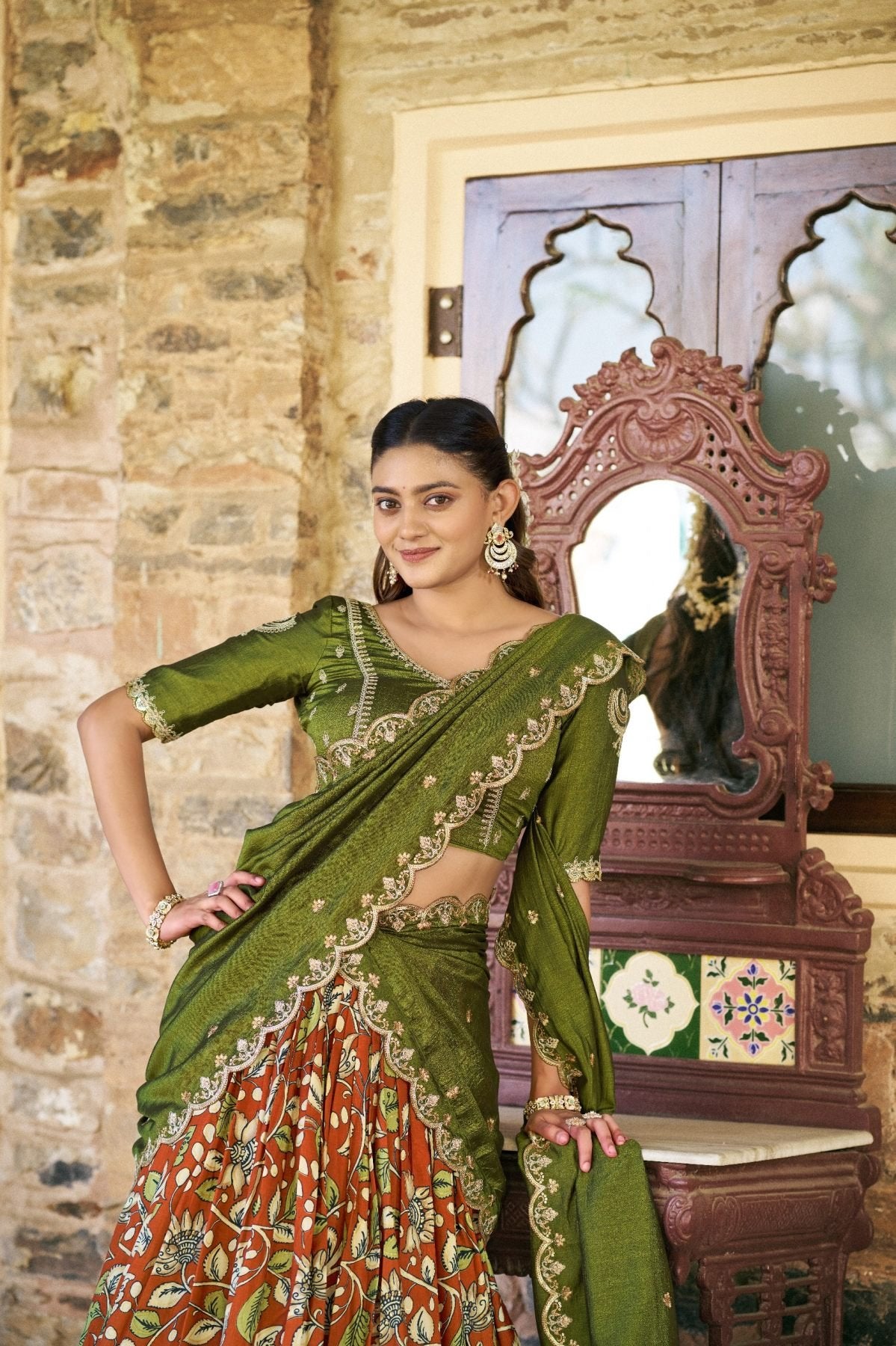 Green Tasar Silk Lehenga with Sequins Embroidered Vichitra Silk Blouse full drape view