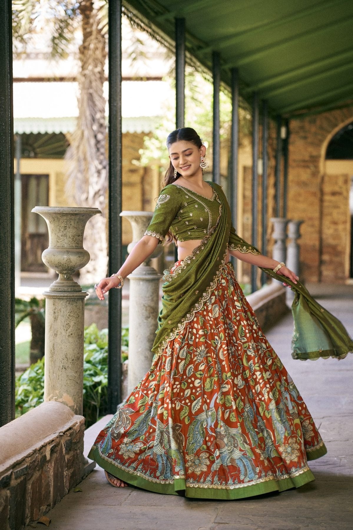Green Tasar Silk Lehenga with Sequins Embroidered Vichitra Silk Blouse embroidery close-up