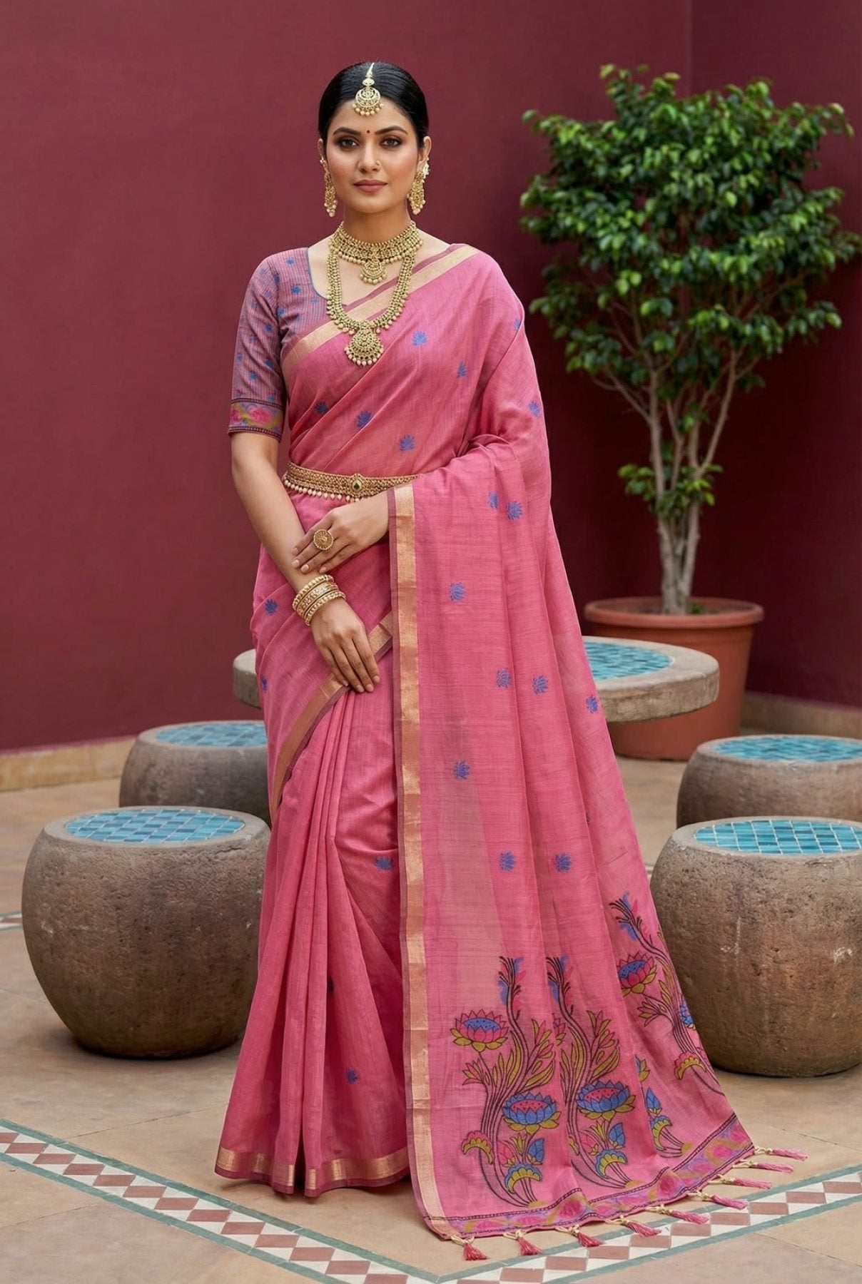 Pink Cotton Saree - drape and pallu detail