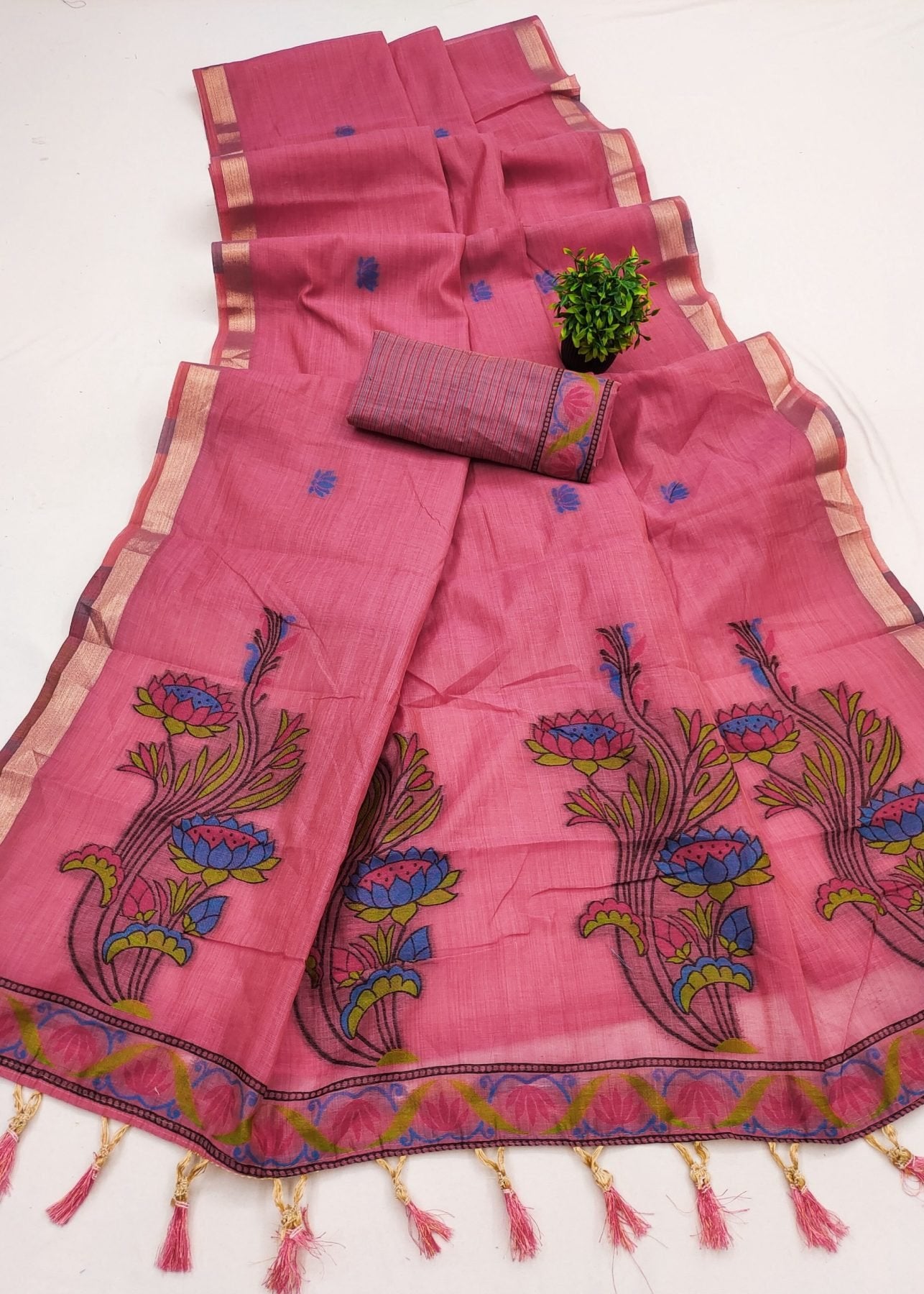 Pink Cotton Saree - side drape view