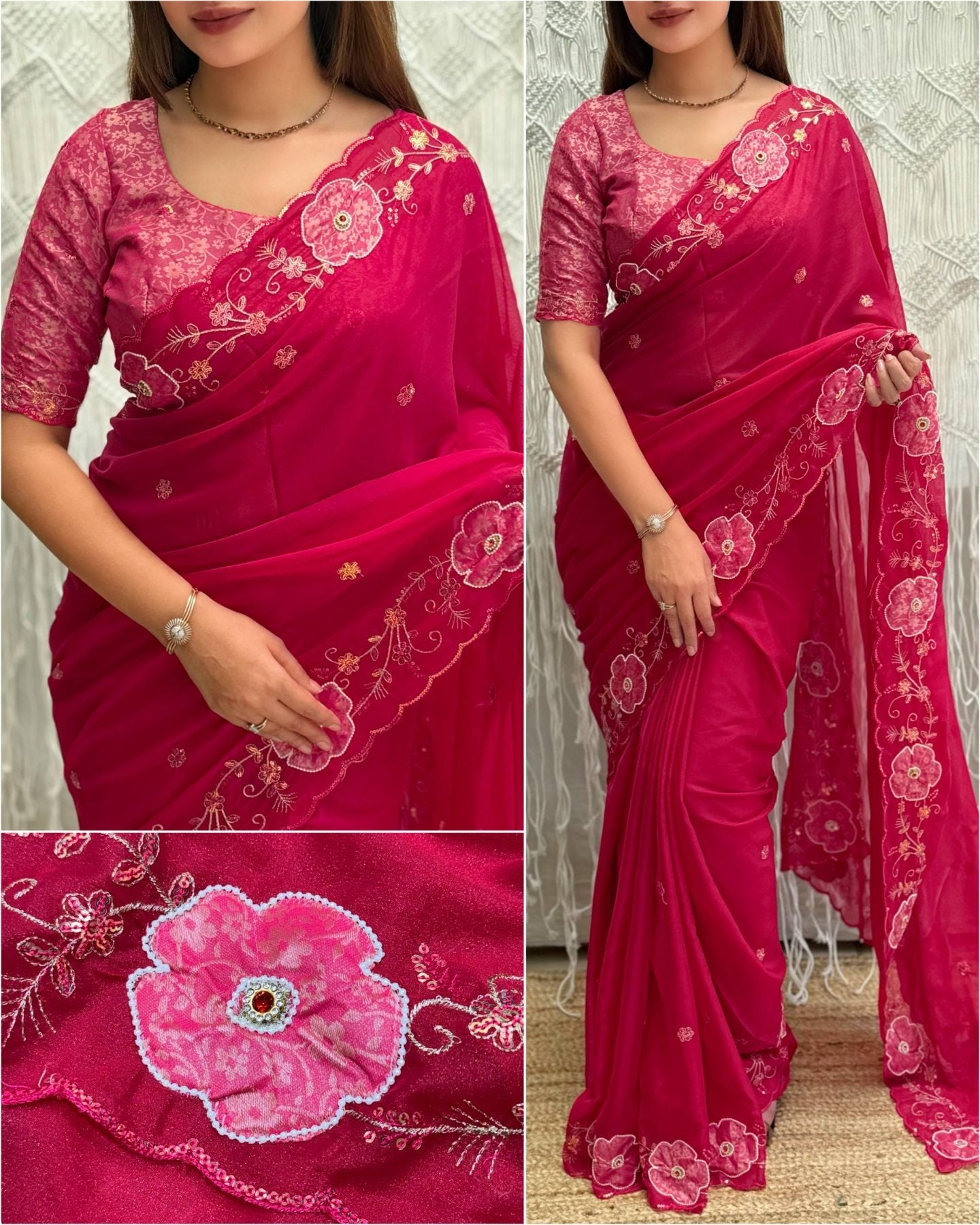 Pink Chiffon Saree - drape and pallu detail