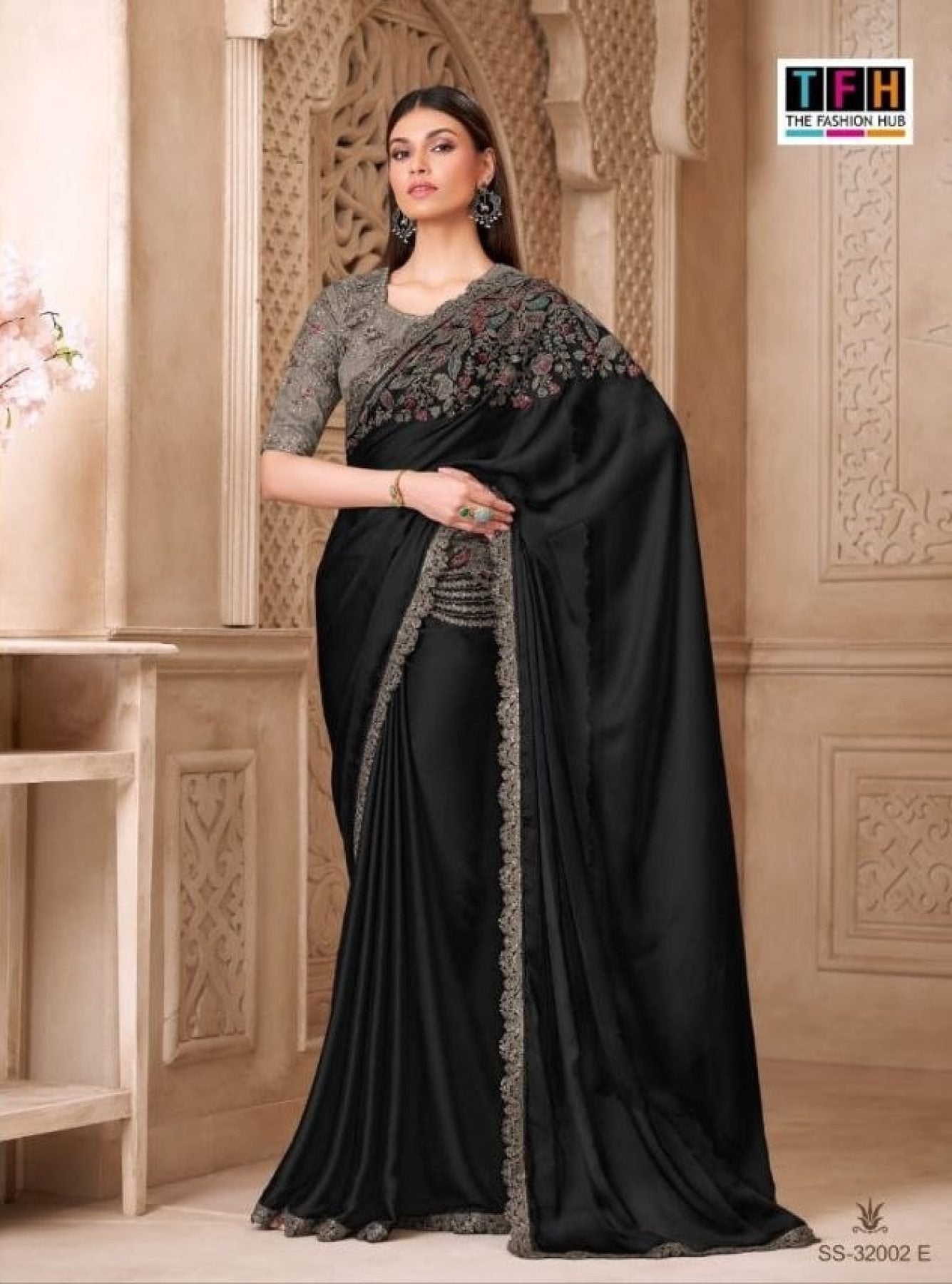 Black Satin Saree - drape and pallu detail