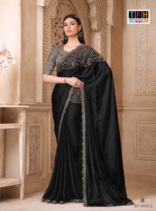 Black Satin Saree - drape and pallu detail