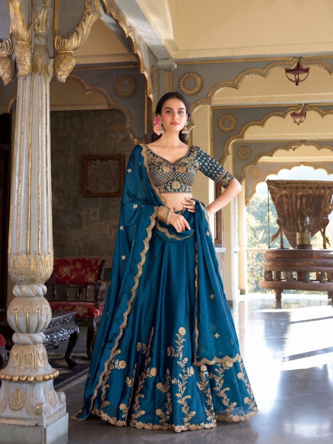 Rangoli Silk Lehenga Choli with Zari Dori Sequins Work for Wedding Wear fabric texture detail