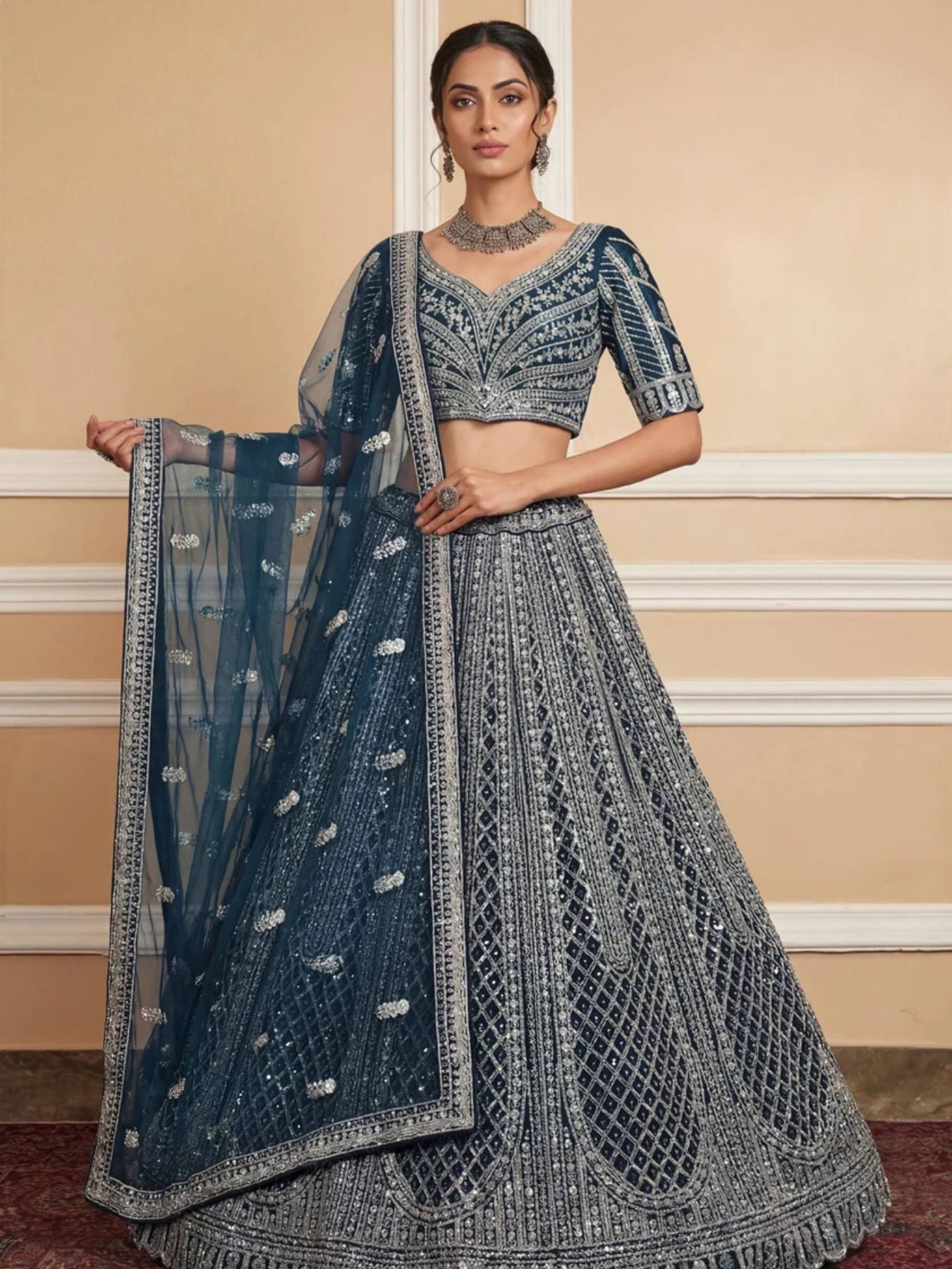 Blue Navy Net Lehenga with Embroidery for Wedding Wear for women | Snyvia