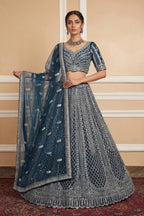 Wine Navy Net Lehenga with Embroidery for Wedding Wear full drape view