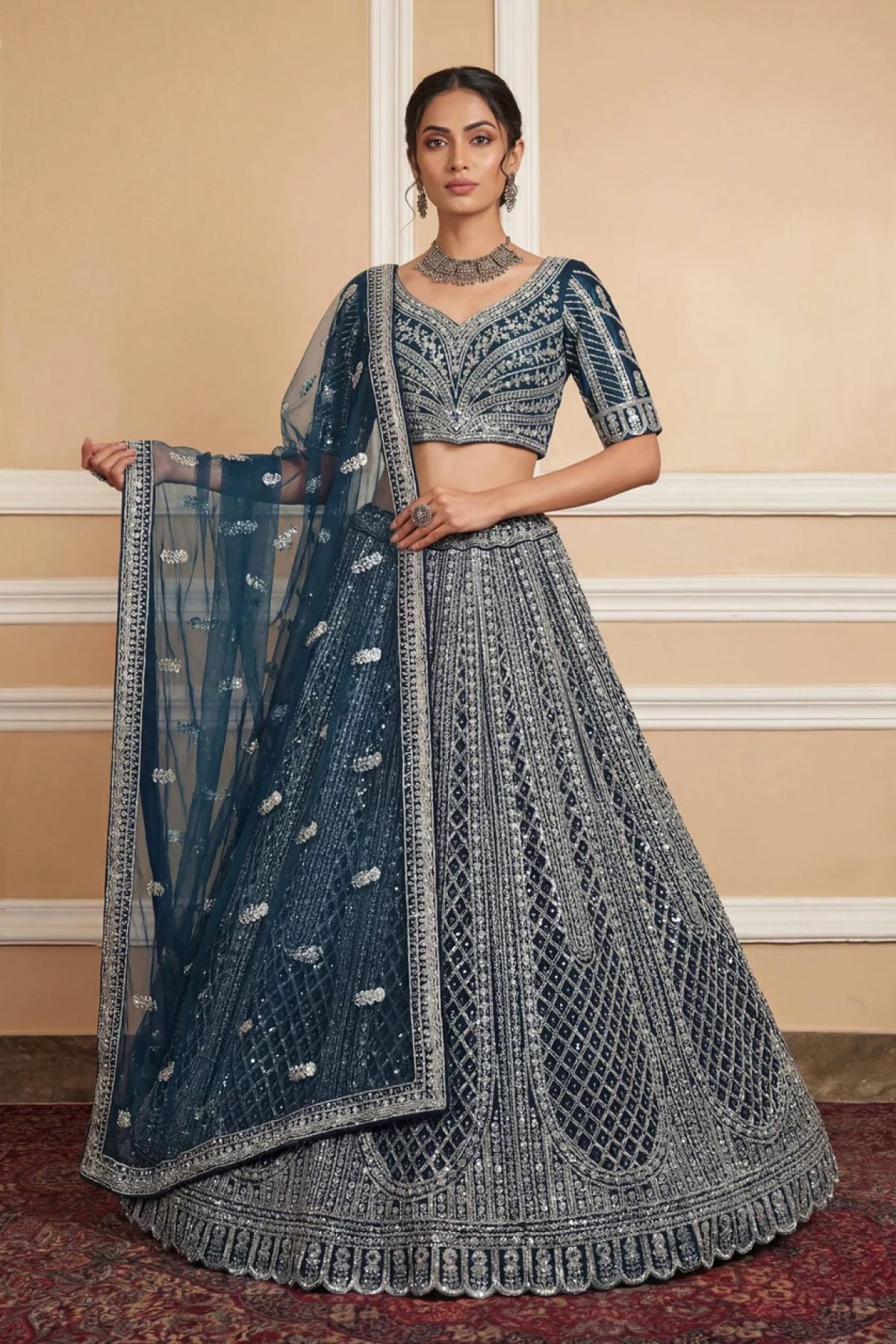 Wine Navy Net Lehenga with Embroidery for Wedding Wear full drape view