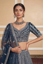Black Navy Net Lehenga with Embroidery for Wedding Wear blouse and dupatta detail