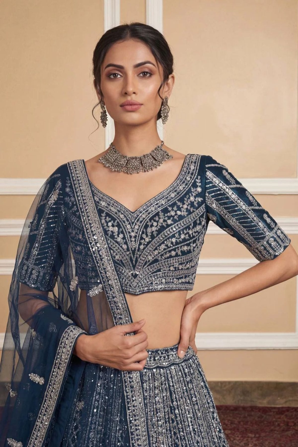 Black Navy Net Lehenga with Embroidery for Wedding Wear blouse and dupatta detail