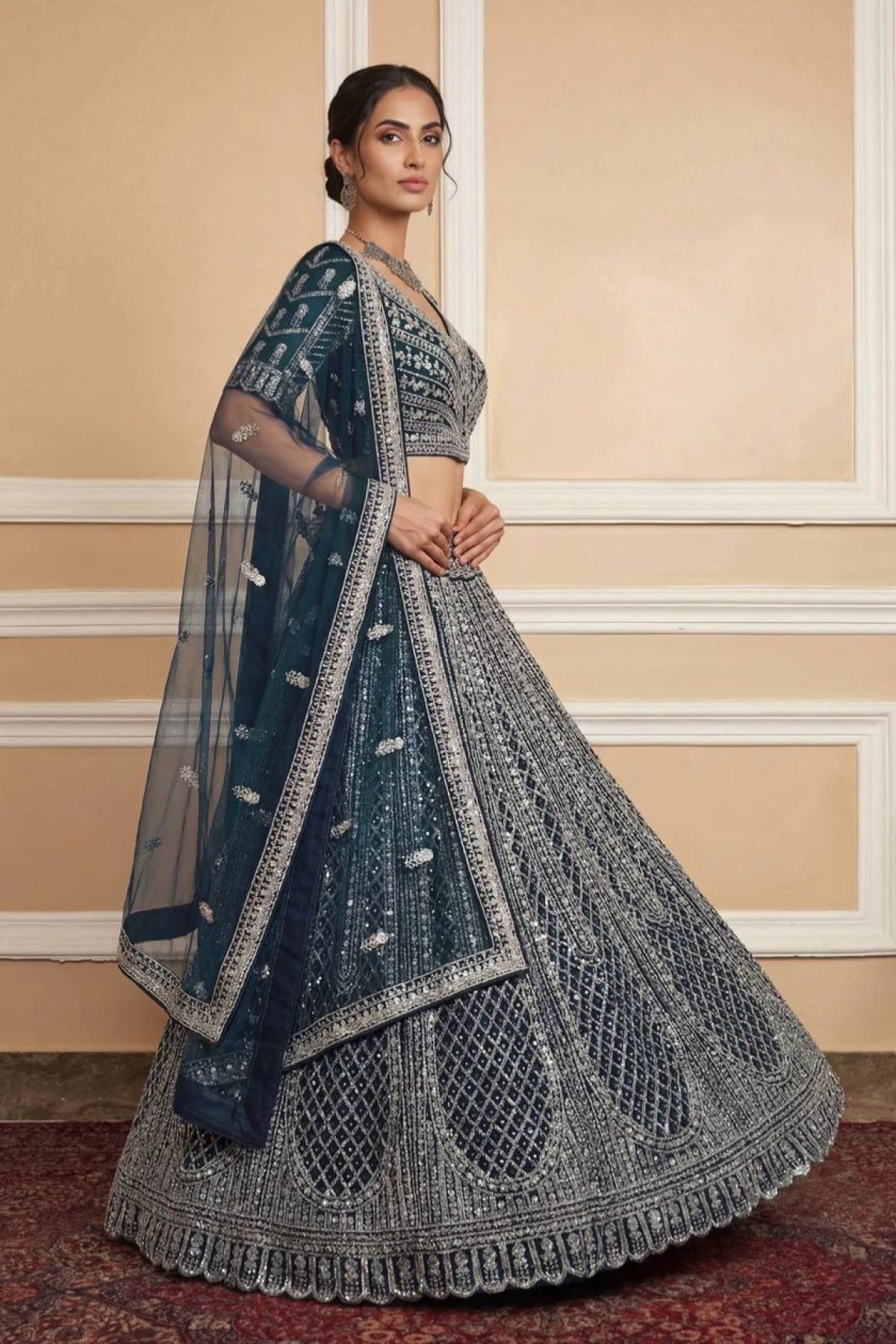 Navy Net Lehenga with Embroidery for Wedding Wear detailed view